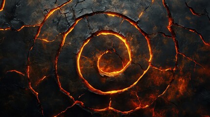 Molten lava spiral with glowing orange-red textures at the ring edges, radiating heat and forming cracks between layers