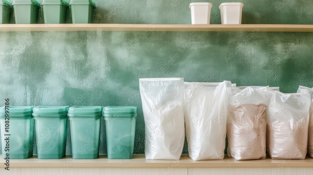 Aufkleber A collection of reusable containers stands out against a backdrop of single-use plastic bags, emphasizing the need for eco-friendly practices. Generative AI