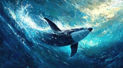 Fototapeta premium Majestic Orca Swimming Gracefully Through Deep Blue Ocean Waters Surrounded by Vibrant Splashes and Sunlight Illuminating the Scene