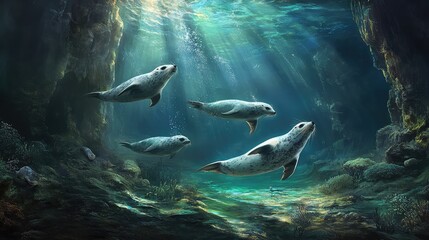 Obraz premium Underwater Scene Featuring Playful Seals Swimming Gracefully Through Sunlit Oceanic Waters Surrounded by Vibrant Marine Life and Rocky Landscape