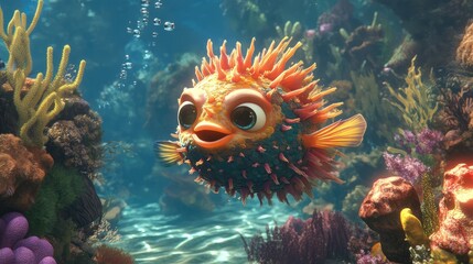 Obraz premium Colorful and Playful Puffer Fish Swimming Through Vibrant Coral Reef Underwater Environment with Bubbles and Sunlight Filtering Through Water