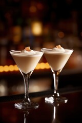 Two Creamy Cocktails in Martini Glasses	