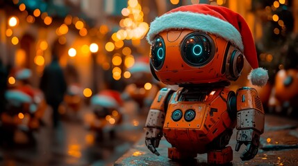 Naklejka premium A festive little robot wearing a Santa hat stands among dazzling lights in a cheerful winter setting, celebrating the holiday spirit with joy and charm at a bustling market