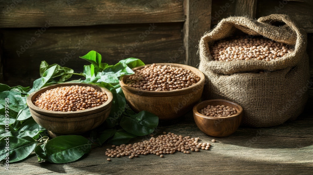 Aufkleber bowls and sacks filled with colorful lentils, beans, and chickpeas are artfully arranged on a rustic