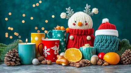 Fototapeta premium Cozy Christmas Scene with Colorful Mugs, Festive Decor, and Knitted Snowmen