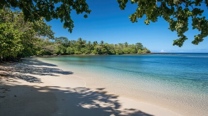 Serene Tropical Beach with Calm Waters and Lush Greenery Under Clear Blue Skies, Perfect for Relaxation and Nature Retreats