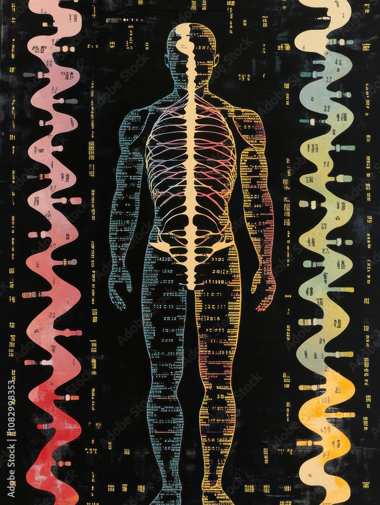 Poster An artistic overlay combines the structure of human anatomy with rows of genetic code, symbolizing the link to DNA. Generative AI
