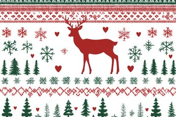 A seamless pattern of Christmas sweater design with red, green, and white colors, a knitted texture, and an illustration style