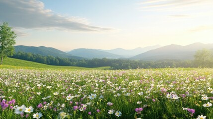 Fototapeta premium Beautiful serene landscape featuring a vibrant wildflower meadow with colorful blossoms, rolling hills, and distant mountains under a clear blue sky at sunrise