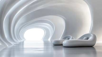 Obraz premium Sleek Modern Interior with Abstract Curved Walls and Minimalist Furniture in a Bright and Airy Space Filled with Natural Light and Soft Shadows