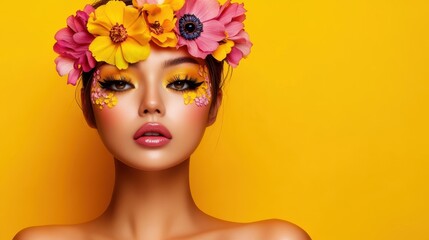 Woman with Bright Makeup and Floral Headpiece	