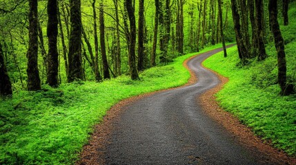 Obraz premium Serene Winding Pathway Through Lush Green Forest Surrounded by Tall Trees and Vibrant Underbrush in a Tranquil Natural Setting