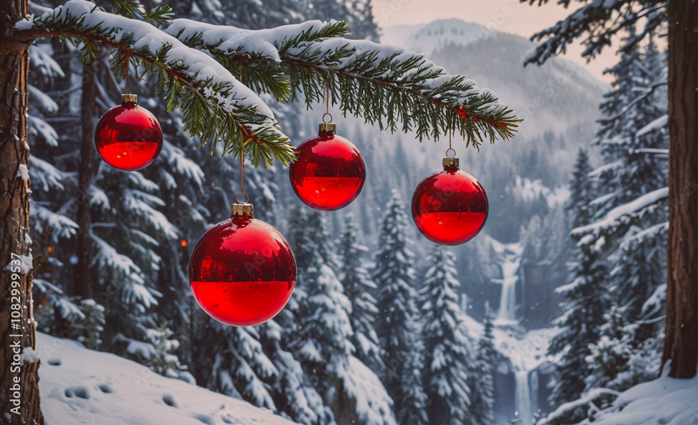 Poster tree branch with four red christmas ornaments hanging from it