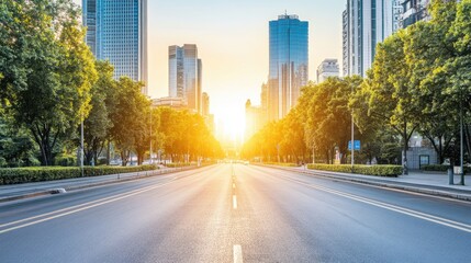Obraz premium Serene Urban Sunset Over a Quiet Road Surrounded by Lush Green Trees and Majestic Skyscrapers in a Modern Cityscape