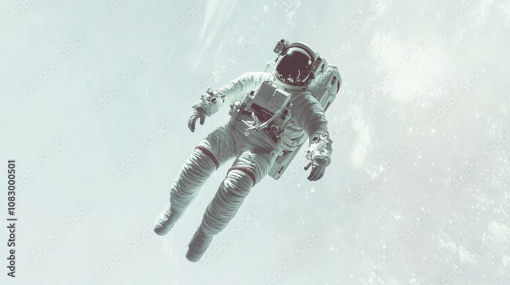 Wall mural a minimalistic image of an astronaut floating in outer space, surrounded by a soft, ethereal backgro