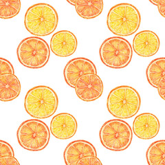 Obraz premium Orange slices with juicy tones of orange and yellow arranged in a seamless watercolor pattern. Citrus clipart for use in summer textiles, vibrant gift wrap, kitchen decor, and food packaging designs