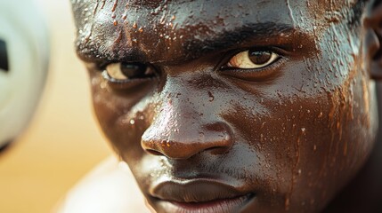 Close-up of a focused soccer player with sweat on his face, showcasing intense expression and determination