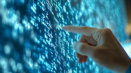 Close-up of a teacher's hand pointing to a math equation on a digital screen with a blue background