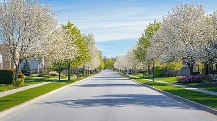 Serene Spring Street Scene with Blooming Trees and Clear Blue Sky, Perfect for Showcasing Nature's Beauty and Tranquil Neighborhood Life in a Residential Area