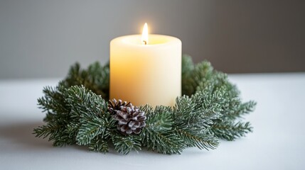A minimalistic arrangement featuring a lit candle surrounded by an evergreen wreath and a pine cone