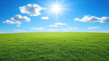 Fototapeta premium Bright Blue Sky Over a Vast Green Field with Fluffy Clouds Casting Shadows on Lush Grass, Representing Nature's Beauty and Serenity in Daylight