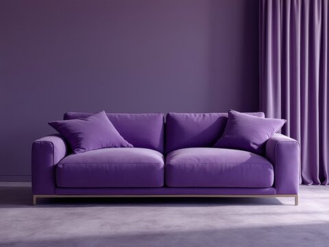 Modern purple sofa with matching pillows in a minimalist room featuring a purple wall and curtains, showcasing contemporary interior design