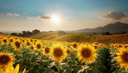 Fototapeta premium Golden Fields of Sunflowers Stretching Toward the Horizon, With Their Faces Turned Toward the Sun Under a Bright Summer Sky, Creating a Picturesque Countryside Scene