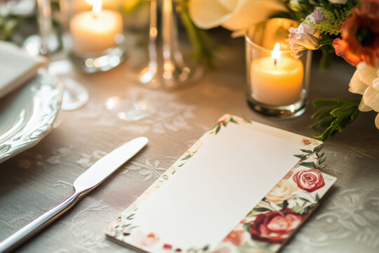 Elegant wedding menu display on sophisticated table with floral accents and candlelight ambiance