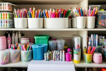 Creative art supplies shelf featuring organized markers, paper, and stationery for craft enthusiasts