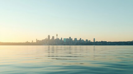 Fototapeta premium Serene City Skyline Reflected in Calm Waters at Sunrise, Emphasizing Urban Silhouettes Against a Beautiful Morning Light