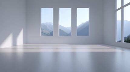 Fototapeta premium A large room with three windows and a view of mountains