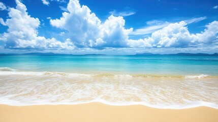 Serene Beachscape with Clear Turquoise Waters and Lush White Clouds Surrounded by a Bright Blue Sky Ideal for Relaxation and Vacation Imagery
