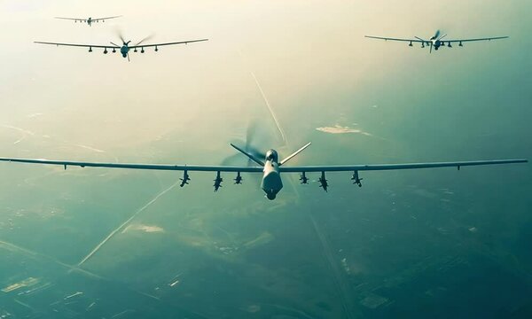 Military drones flying over a landscape for reconnaissance and combat missions.	