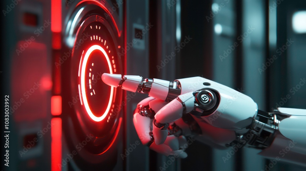 Poster regulatory compliance business concept. robot hand pressing button 3d render.