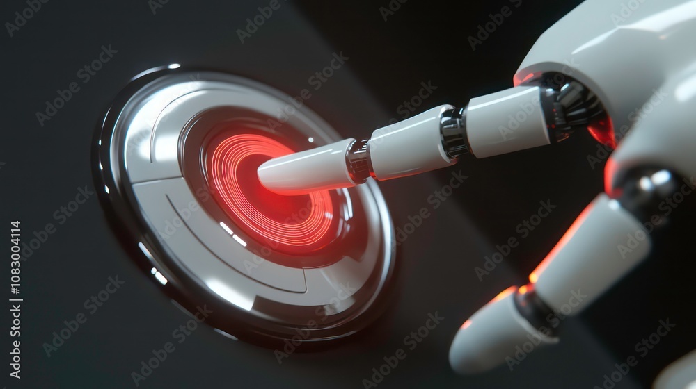 Poster A robotic hand presses a glowing red button on a futuristic interface.