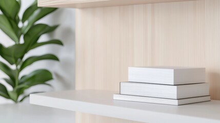 Fototapeta premium A white shelf with a plant on it and three books on it