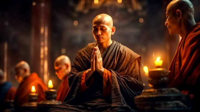 Buddhist Monks Meditating in Temple with Candlelight. Spirituality, Peace, and Inner Harmony Concept. 4K Video.