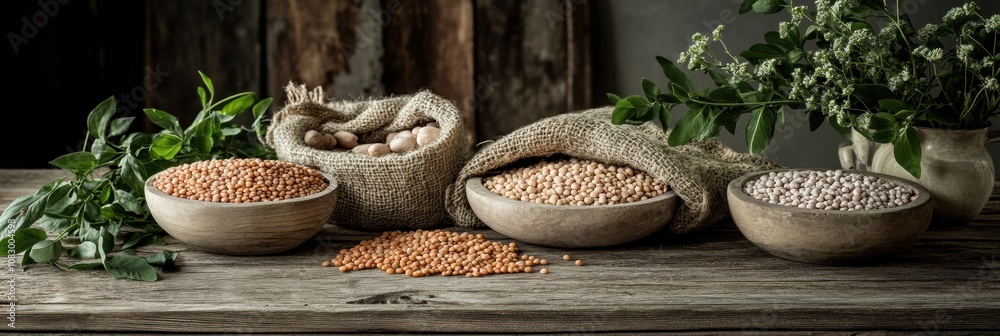 Poster Bowls and burlap sacks display an assortment of lentils, beans, and chickpeas on a rustic wooden table adorned with greenery. Generative AI