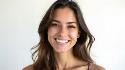 Naklejka premium Cheerful 30-Year-Old Woman with a Beaming Smile Against a White Background