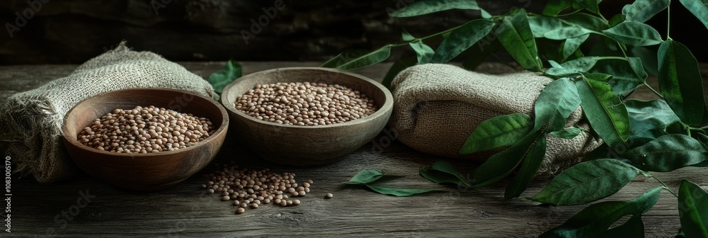 Aufkleber sacks and bowls filled with lentils, beans, and chickpeas rest on a rustic wooden table surrounded b