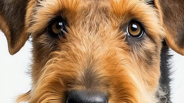 Close up of an Airedale Terrier showcasing its rich fur and expressive eyes in a bright setting