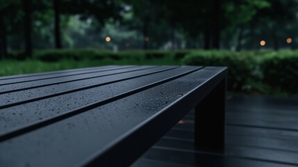 Fototapeta premium A bench is wet from rain and is sitting in a park