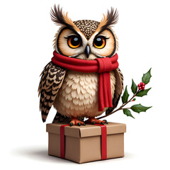 Obraz premium Whimsical owl dressed in a red scarf sitting on a gift box with holly decoration, digital art of character design concept.