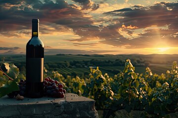 a bottle of wine on the background of a vineyard. for Advertising. for Banners.