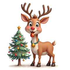 Fototapeta premium Cheerful reindeer by a decorated christmas tree spreading holiday spirit, digital illustration of character design concept.