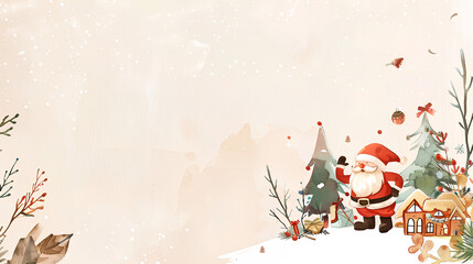 Naklejka premium cute Christmas card template of Santa Claus, small houses, and trees in pastel colors on the right side, a blank area for text at the top left corner, a light beige background