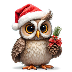 Fototapeta premium Adorable owl wearing a santa hat, holding a pinecone with a festive bow, perfect for holiday cheer and christmas celebrations, digital illustration of character design concept.