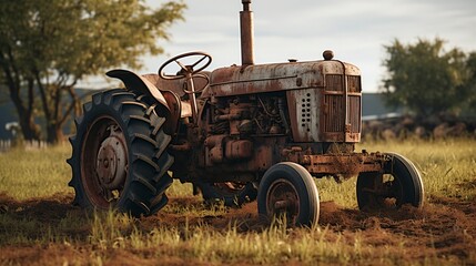 Obraz premium A photo of an old rusty farm tractor in a field