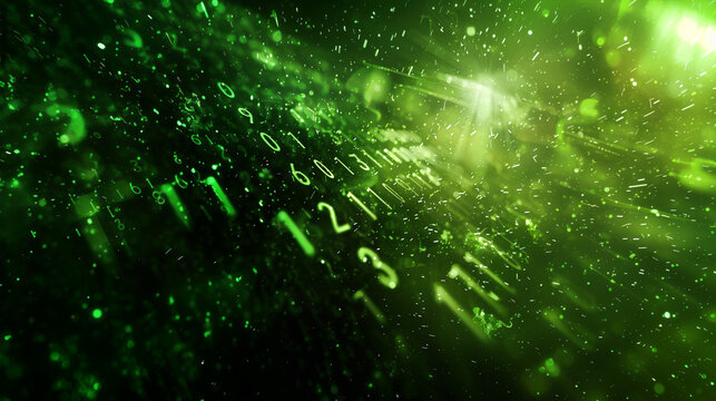 Abstract digital matrix with floating green numbers and light stripes