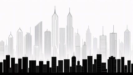 Fototapeta premium Minimalist sketch of a modern cityscape with tall skyscrapers, rendered in black and white against a white background.